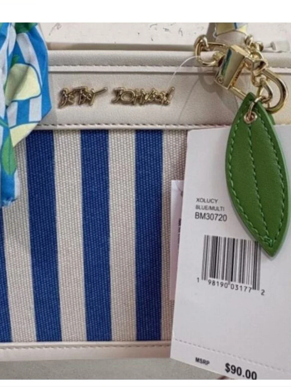 Betsey Johnson Blue Stripe Mini Satchel with Yellow Lemon Pom Charm NWT
